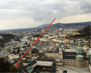 Salzberg as seen from the top of the Festung Hohensalzburg. The red arrow points to the St Peter Stiftskeller.